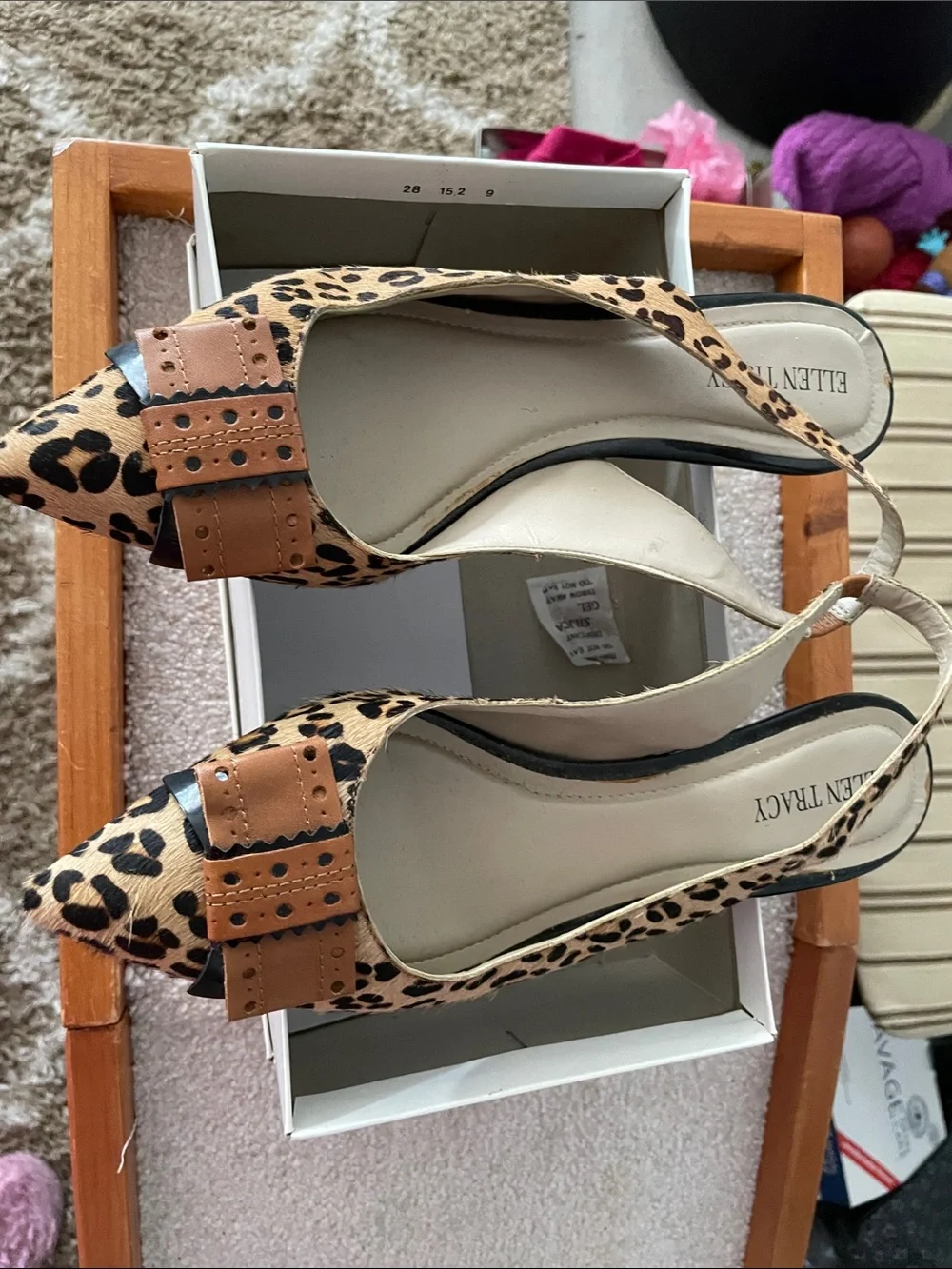Ellen Tracy Leopard Print Slingback Pointed Toe Heels - Tan Accent